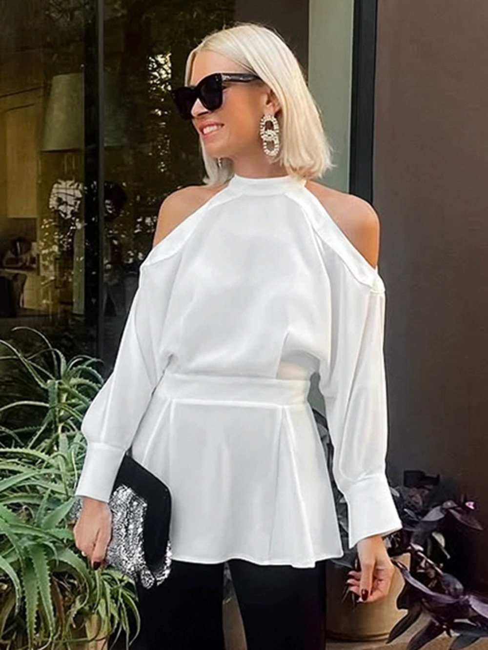 Forever 21 Spring White Halter Chiffon Off Shoulder Waist Pullover Blouse